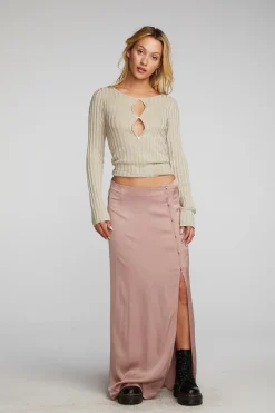 Women Chaser Brand Lurex Rib Knit Long Sleeve Top With Open Keyhole