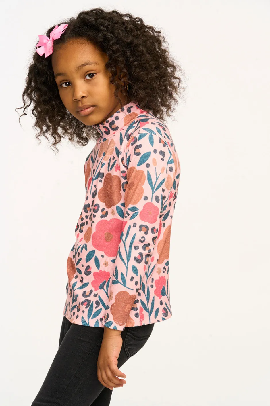 Kids Chaser Brand Lynn Dark Floral & Leopard Print Mock Turtle Neck