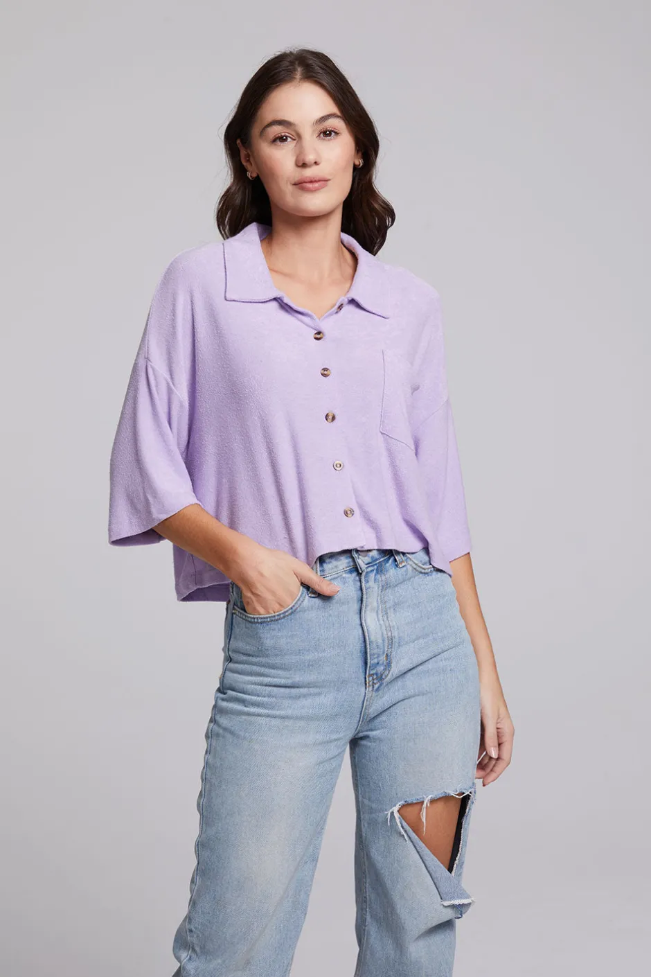 Women Chaser Brand Marine Crop Button Down - Digital Lavender
