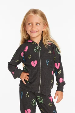 Kids Chaser Brand Neon Heart & Smiles Girls Zip-up Hoodie
