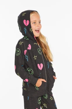 Kids Chaser Brand Neon Heart & Smiles Girls Zip-up Hoodie