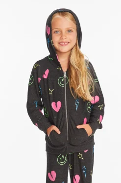 Kids Chaser Brand Neon Heart & Smiles Girls Zip-up Hoodie
