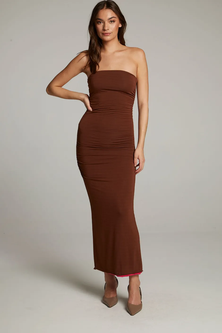 Women Chaser Brand Panama Coffee And Raspberry Reversible Midi Dress