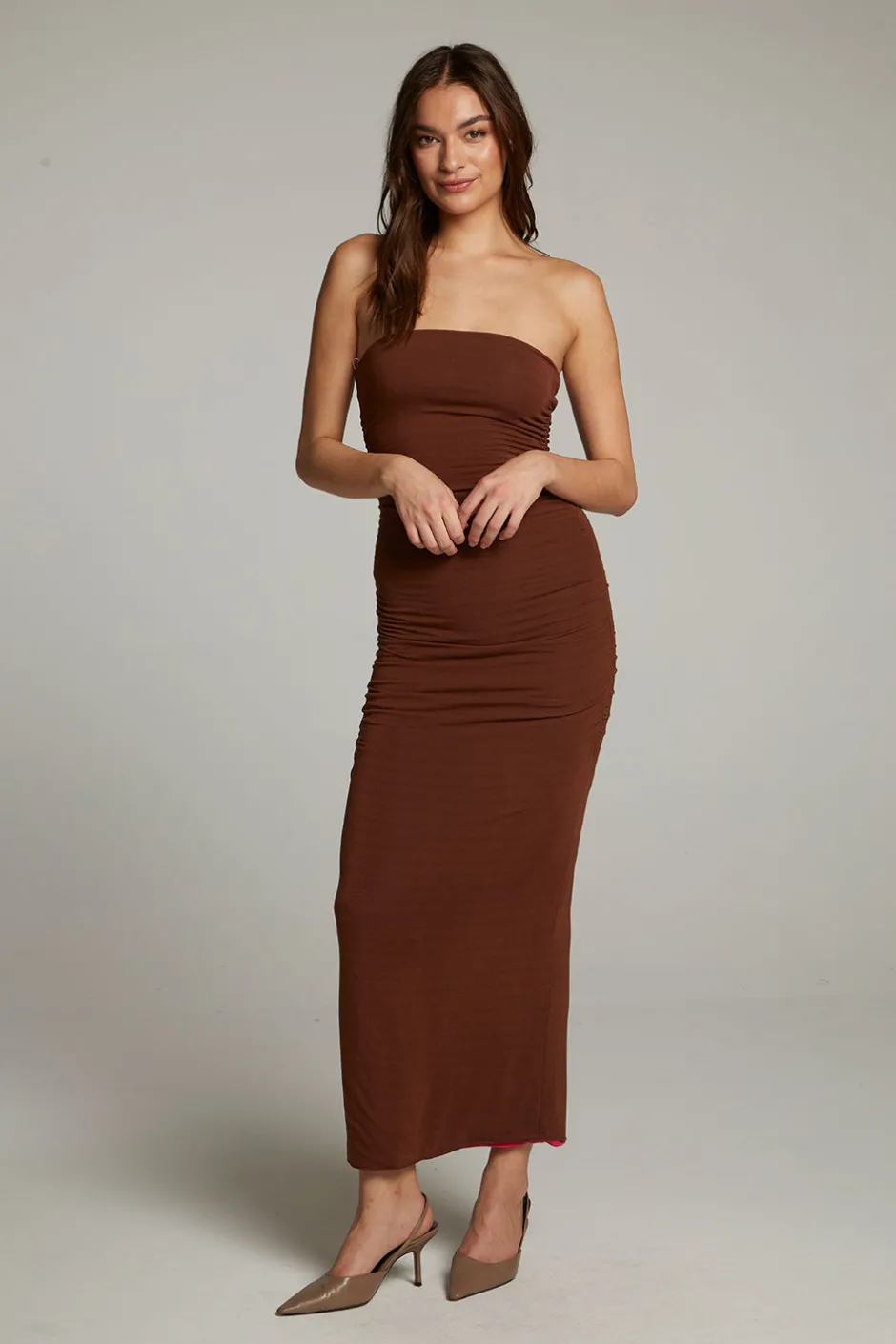 Women Chaser Brand Panama Coffee And Raspberry Reversible Midi Dress