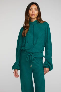 Women Chaser Brand Poor Boy Rib Knit Cropped Pullover With Elastic Waist & Sleeve