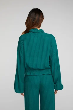 Women Chaser Brand Poor Boy Rib Knit Cropped Pullover With Elastic Waist & Sleeve