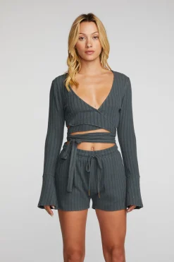 Women Chaser Brand Poor Boy Rib Long Sleeve Wrap Top