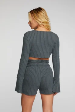 Women Chaser Brand Poor Boy Rib Long Sleeve Wrap Top