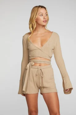Women Chaser Brand Poor Boy Rib Long Sleeve Wrap Top