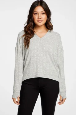 Women Chaser Brand Poor Boy Rib V Neck Thumbhole Pullover Hoodie