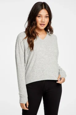 Women Chaser Brand Poor Boy Rib V Neck Thumbhole Pullover Hoodie
