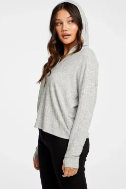 Women Chaser Brand Poor Boy Rib V Neck Thumbhole Pullover Hoodie
