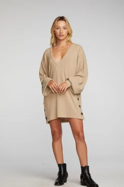 Women Chaser Brand Poor Boy Rib V-neck Tunic With Button Side Seam