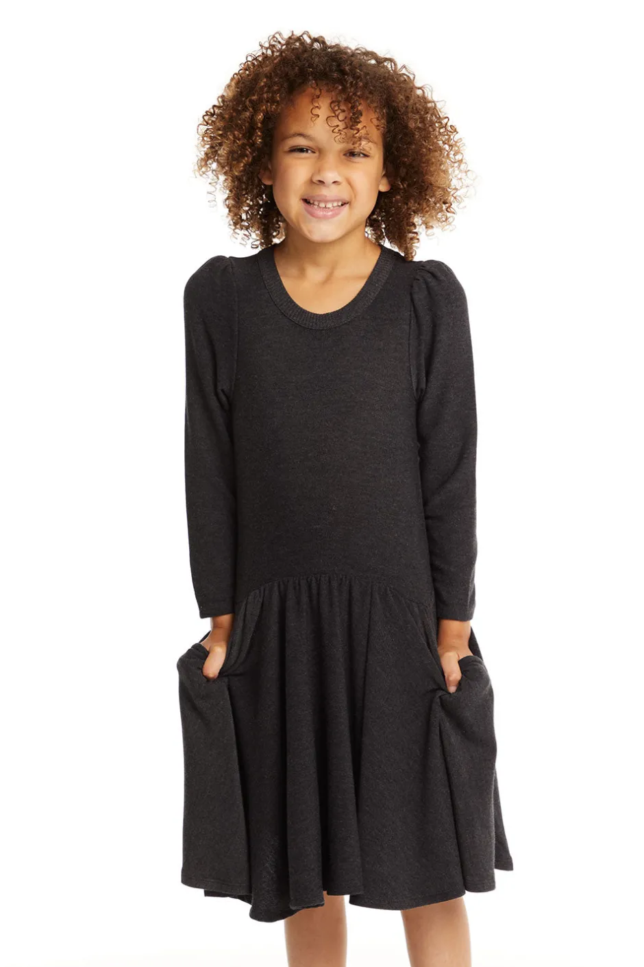 Kids Chaser Brand Puff Black Licorice Long Sleeve Dress With Twirl Skirt