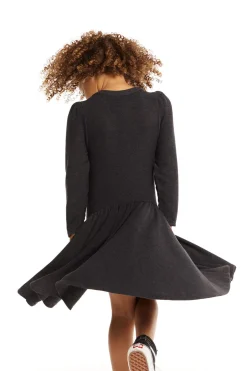 Kids Chaser Brand Puff Black Licorice Long Sleeve Dress With Twirl Skirt