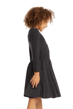 Kids Chaser Brand Puff Black Licorice Long Sleeve Dress With Twirl Skirt