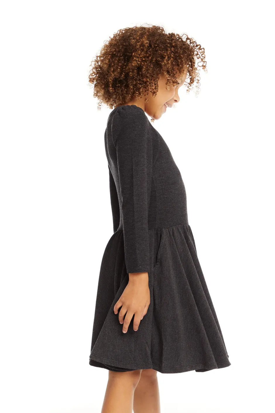 Kids Chaser Brand Puff Black Licorice Long Sleeve Dress With Twirl Skirt