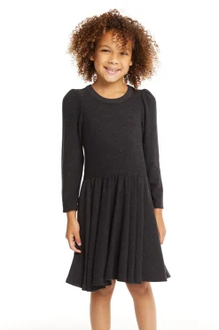 Kids Chaser Brand Puff Black Licorice Long Sleeve Dress With Twirl Skirt