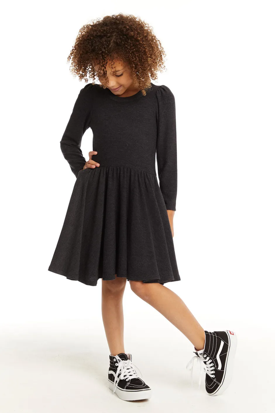 Kids Chaser Brand Puff Black Licorice Long Sleeve Dress With Twirl Skirt