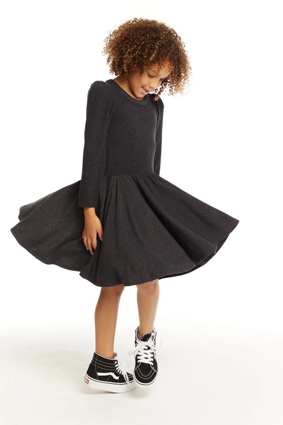 Kids Chaser Brand Puff Black Licorice Long Sleeve Dress With Twirl Skirt