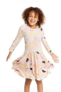 Kids Chaser Brand Puff Sweet Treats Long Sleeve Dress With Twirl Skirt