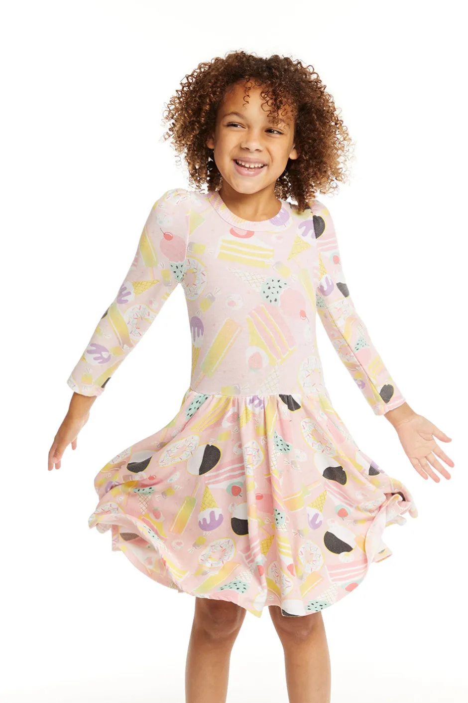 Kids Chaser Brand Puff Sweet Treats Long Sleeve Dress With Twirl Skirt