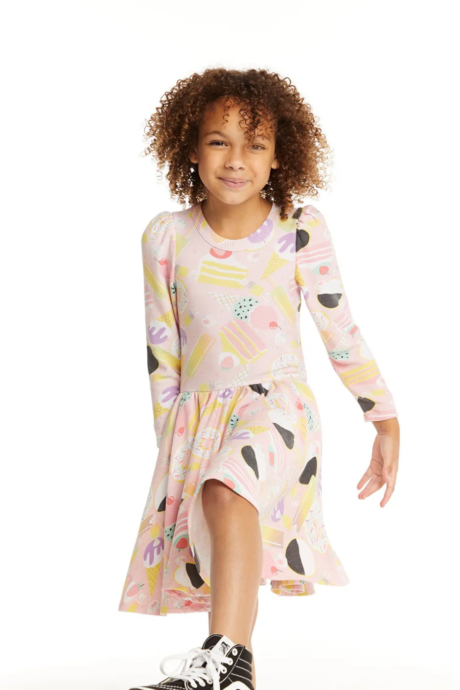 Kids Chaser Brand Puff Sweet Treats Long Sleeve Dress With Twirl Skirt