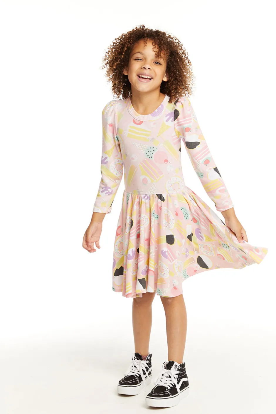 Kids Chaser Brand Puff Sweet Treats Long Sleeve Dress With Twirl Skirt