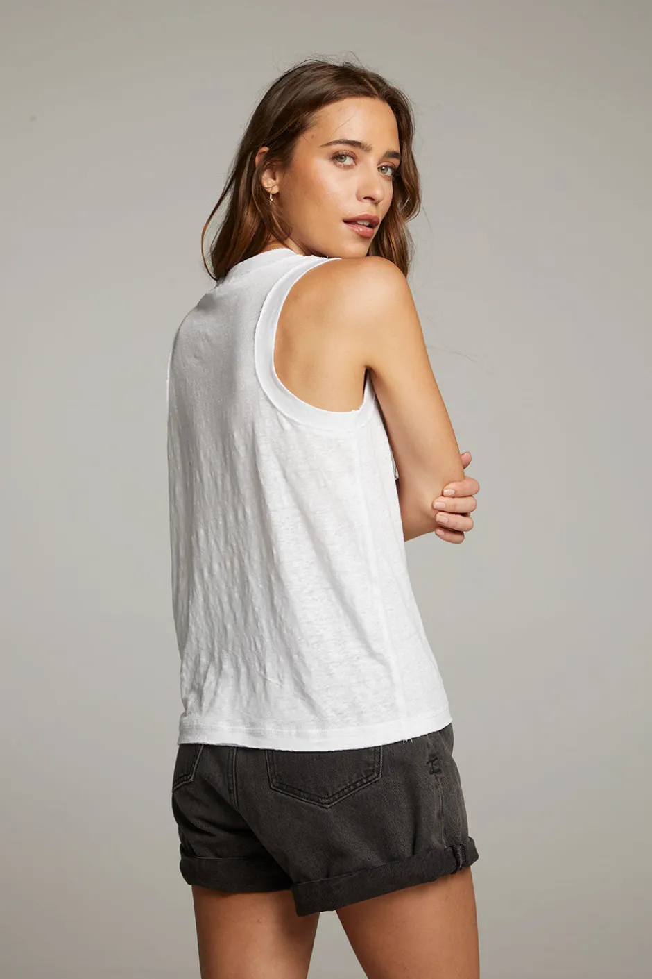 Women Chaser Brand Raw Edge White Muscle Tank