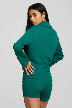 Women Chaser Brand Recycled Vintage Rib Cropped Polo With Distressed Detail Long Sleeve