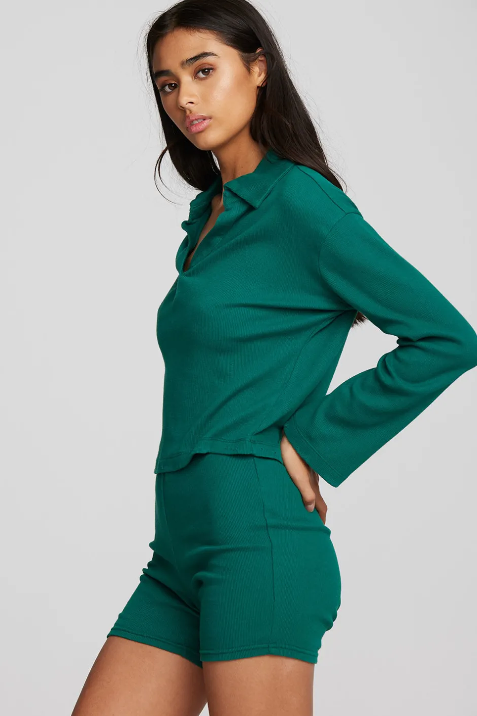 Women Chaser Brand Recycled Vintage Rib Cropped Polo With Distressed Detail Long Sleeve