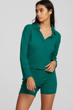 Women Chaser Brand Recycled Vintage Rib Cropped Polo With Distressed Detail Long Sleeve