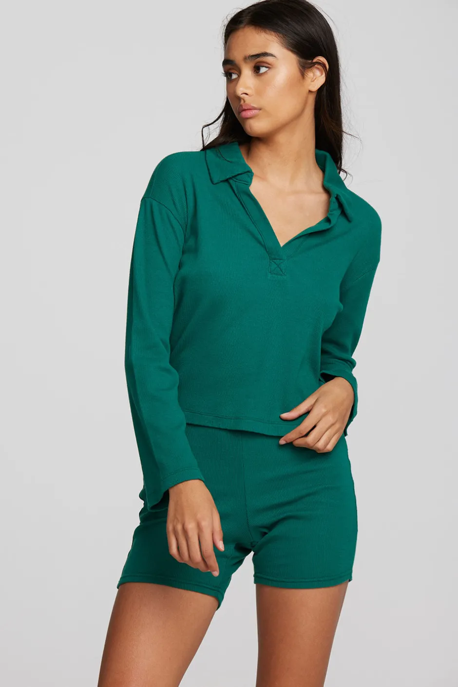 Women Chaser Brand Recycled Vintage Rib Cropped Polo With Distressed Detail Long Sleeve