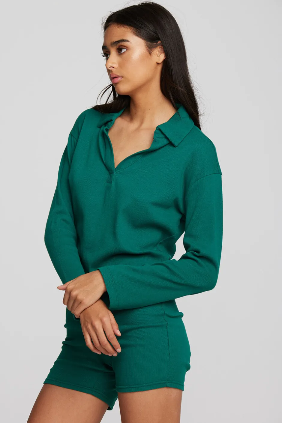 Women Chaser Brand Recycled Vintage Rib Cropped Polo With Distressed Detail Long Sleeve