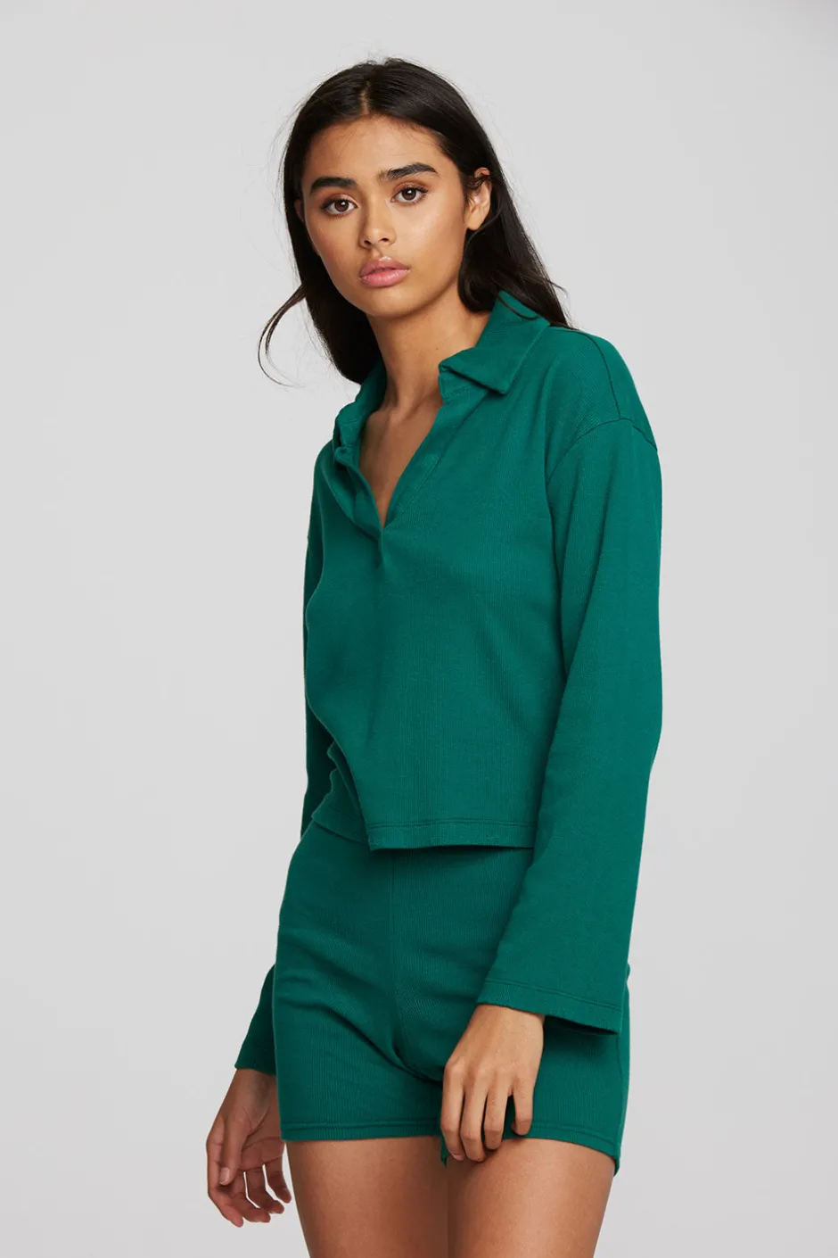 Women Chaser Brand Recycled Vintage Rib Cropped Polo With Distressed Detail Long Sleeve