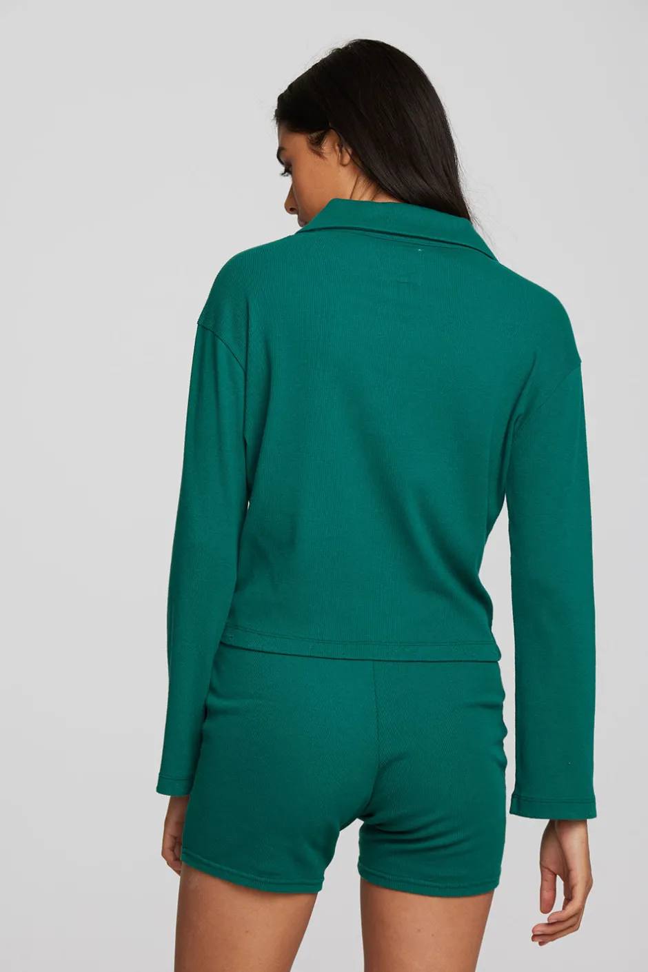 Women Chaser Brand Recycled Vintage Rib Cropped Polo With Distressed Detail Long Sleeve