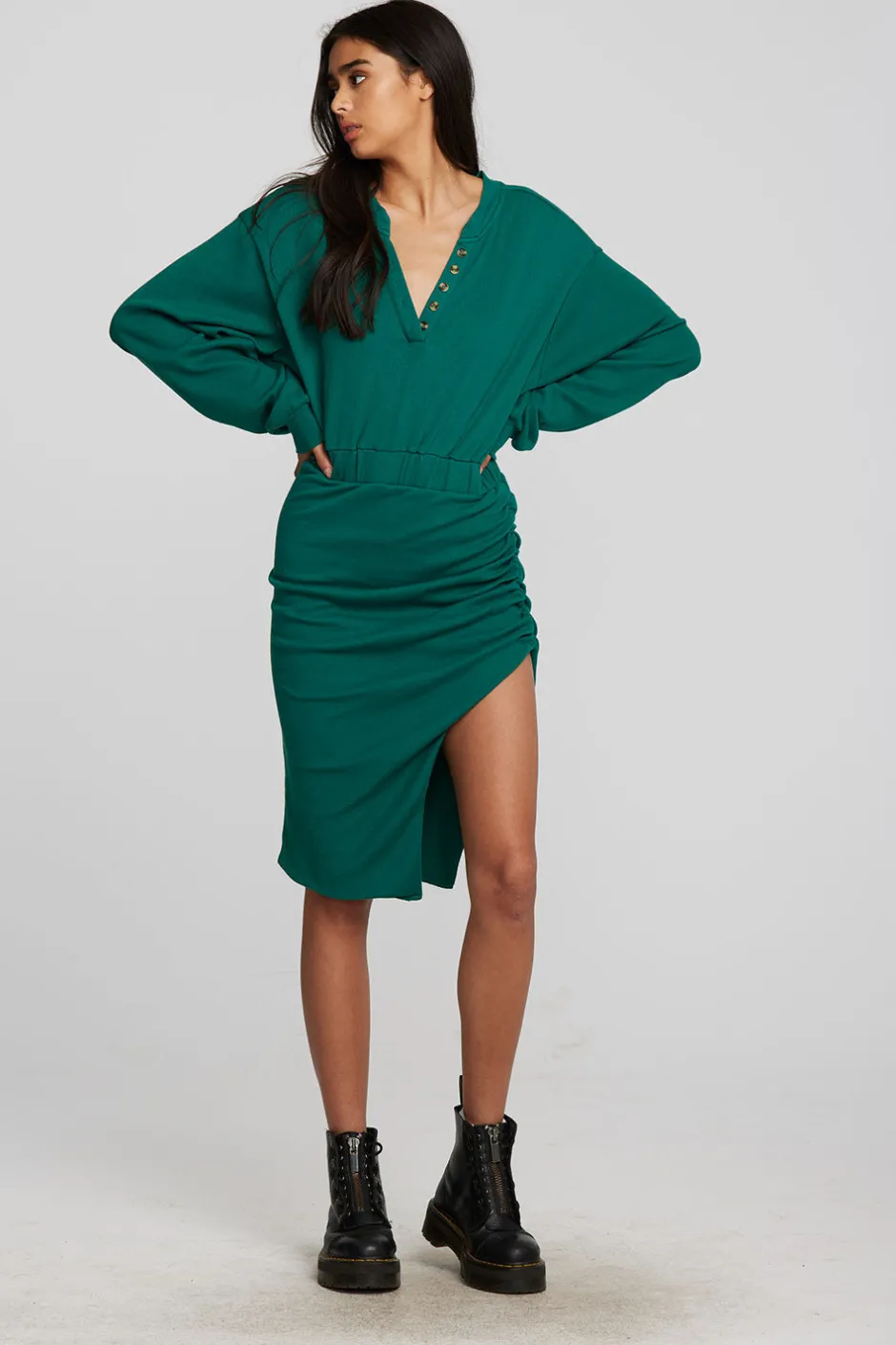 Women Chaser Brand Recycled Vintage Rib Midi Dress With Shirring And Side Slit