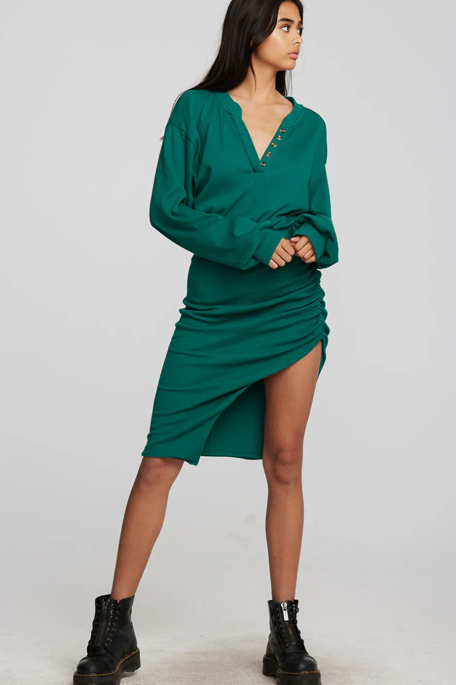 Women Chaser Brand Recycled Vintage Rib Midi Dress With Shirring And Side Slit