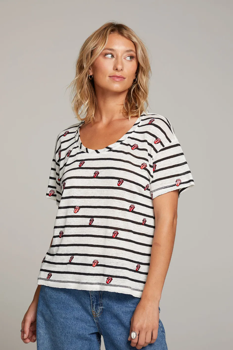 Women Chaser Brand Rolling Stones All Over Logo Tee