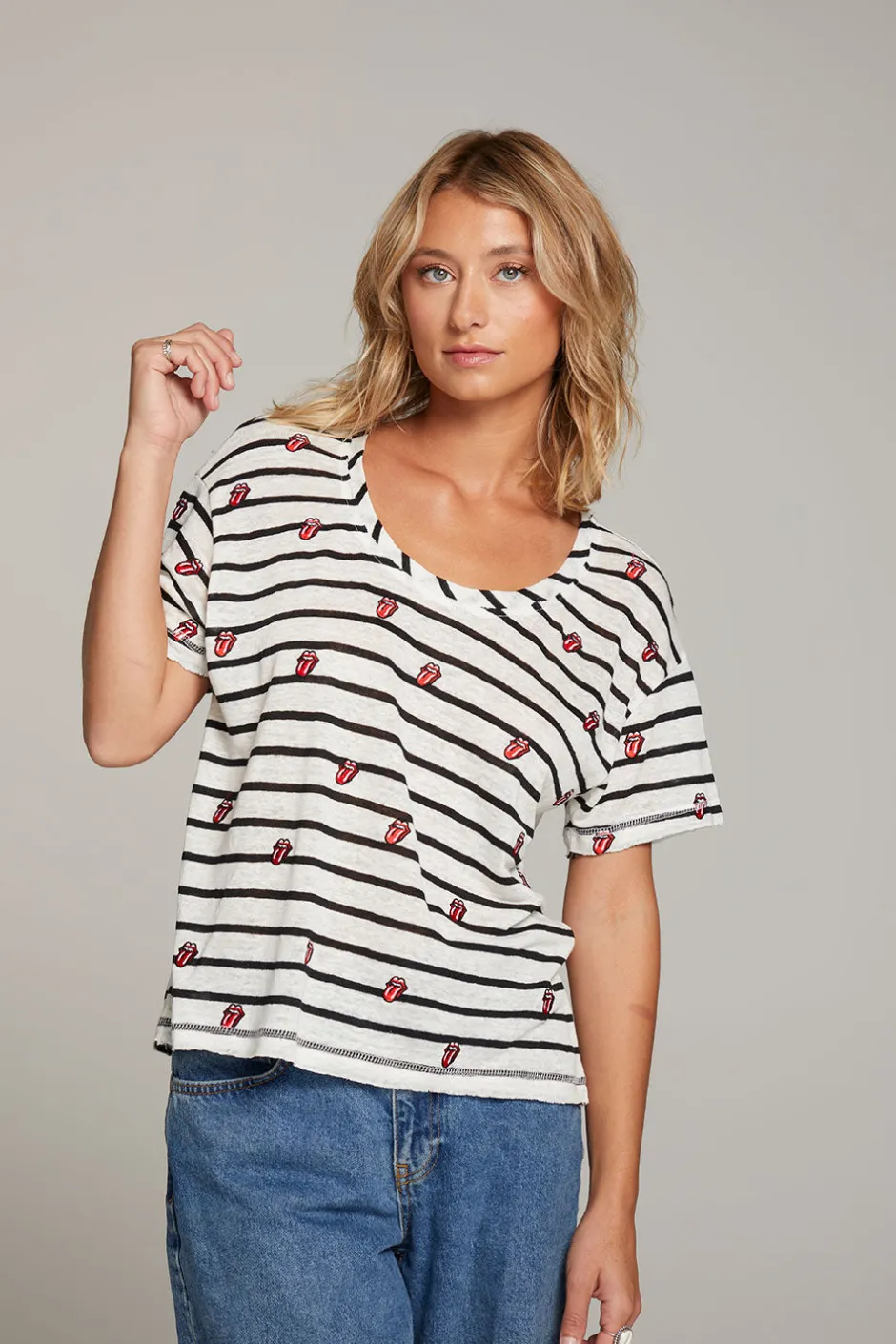 Women Chaser Brand Rolling Stones All Over Logo Tee