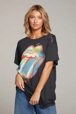 Women Chaser Brand Rolling Stones Classic Logo Distressed Tee