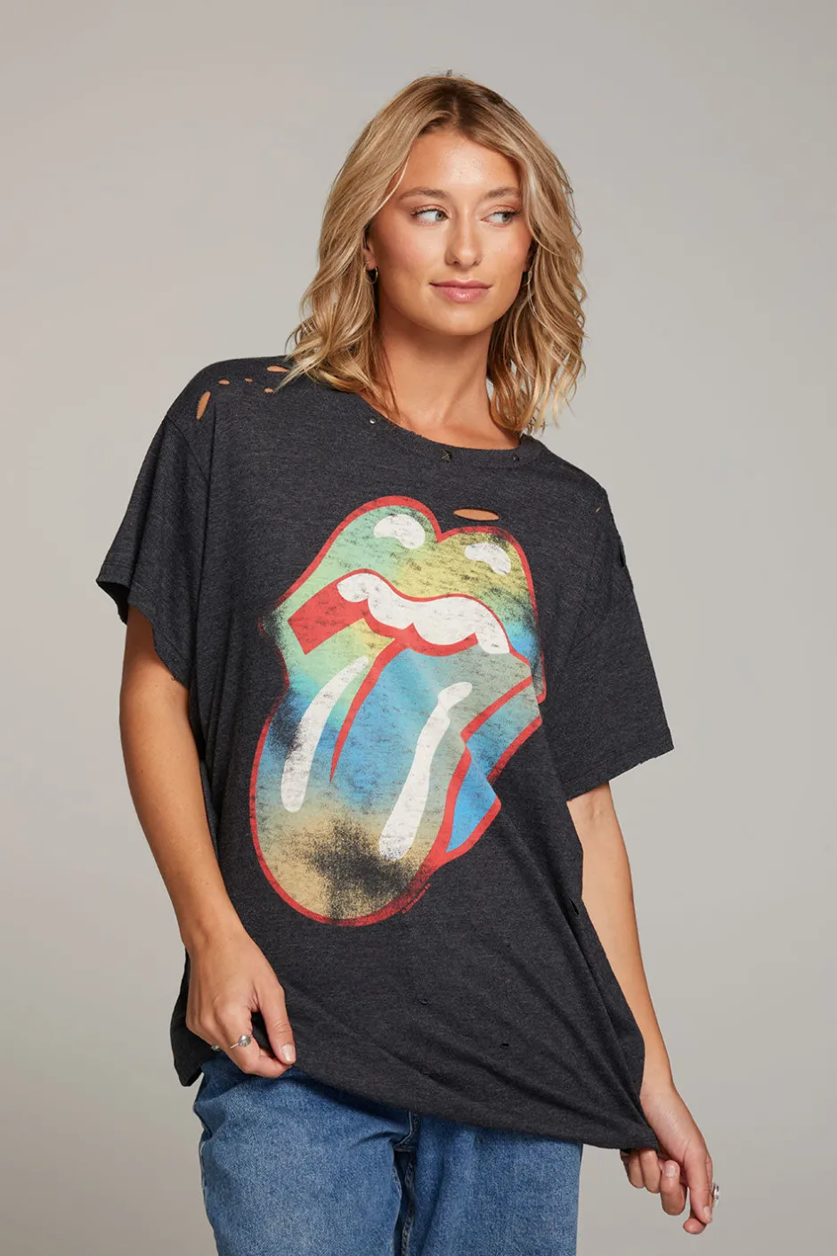 Women Chaser Brand Rolling Stones Classic Logo Distressed Tee