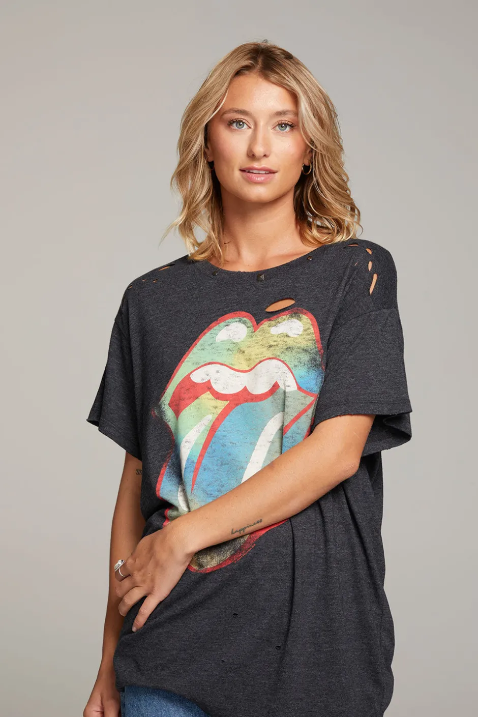 Women Chaser Brand Rolling Stones Classic Logo Distressed Tee