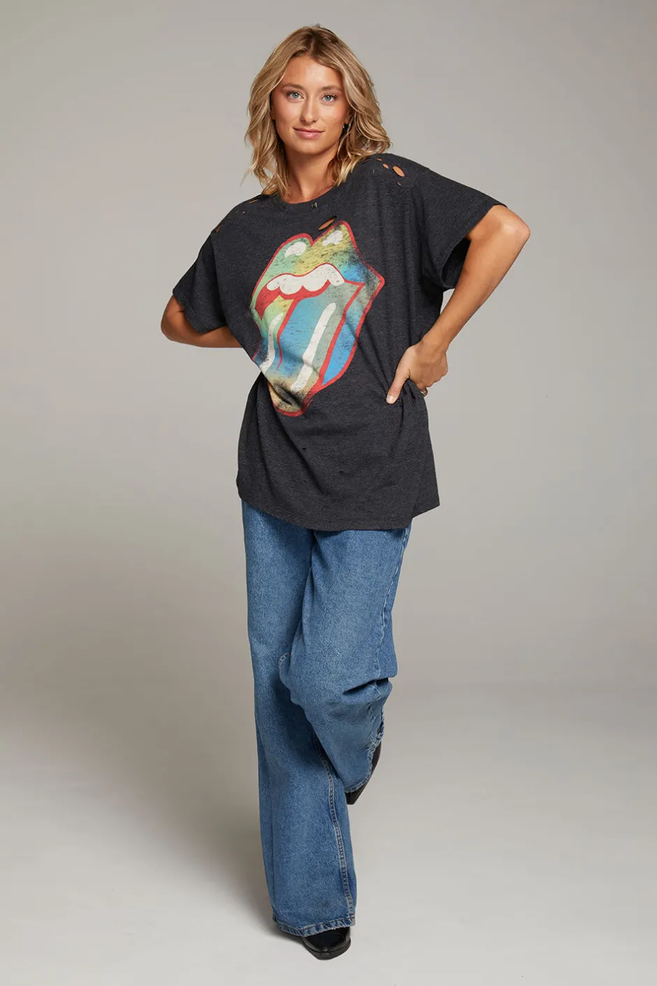 Women Chaser Brand Rolling Stones Classic Logo Distressed Tee