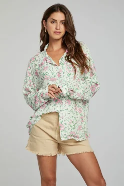 Women Chaser Brand Saville Button Down - Grass Daisy Floral