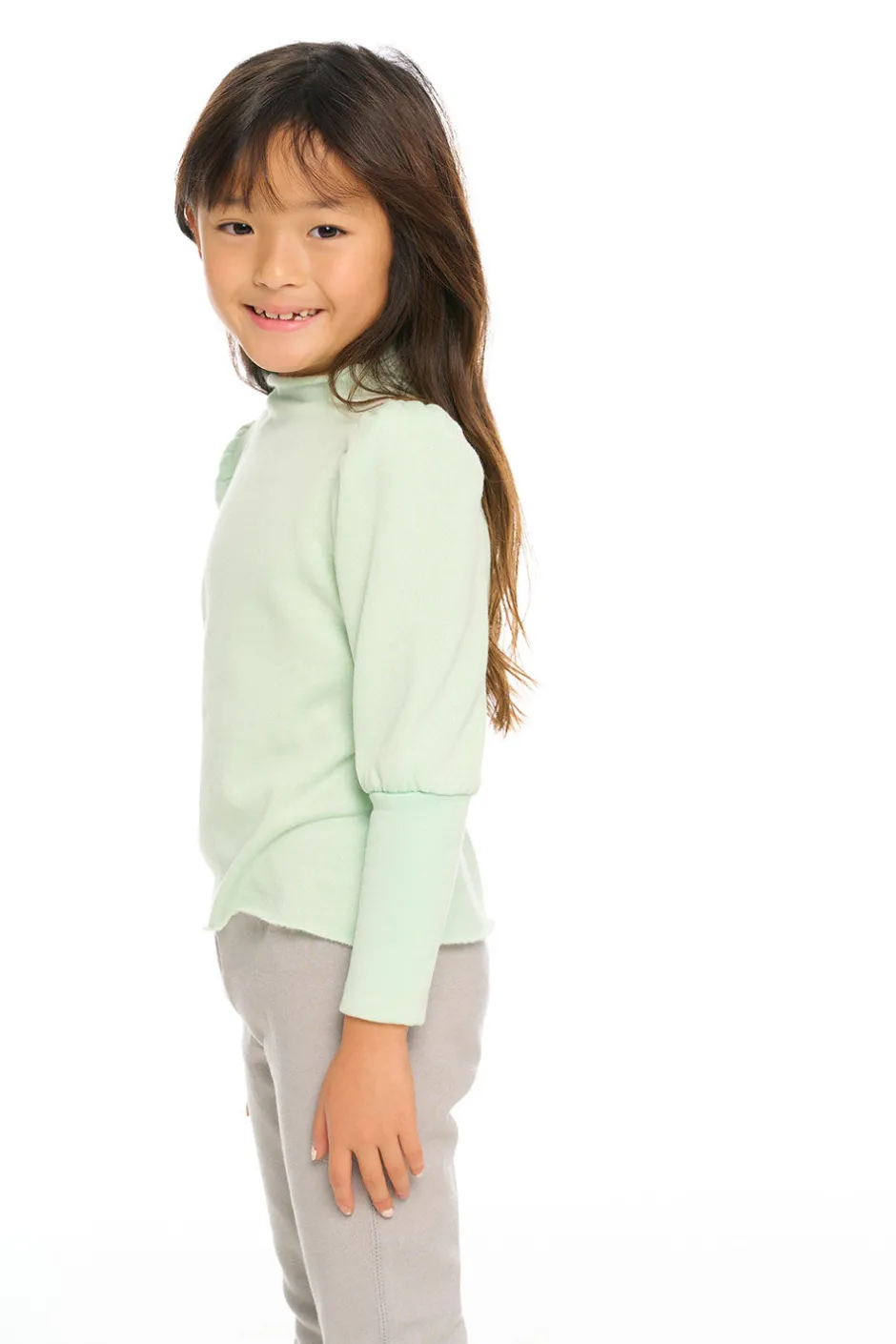 Kids Chaser Brand Semi Cropped Hi Lo Mock Neck Puff Sleeve Pullover