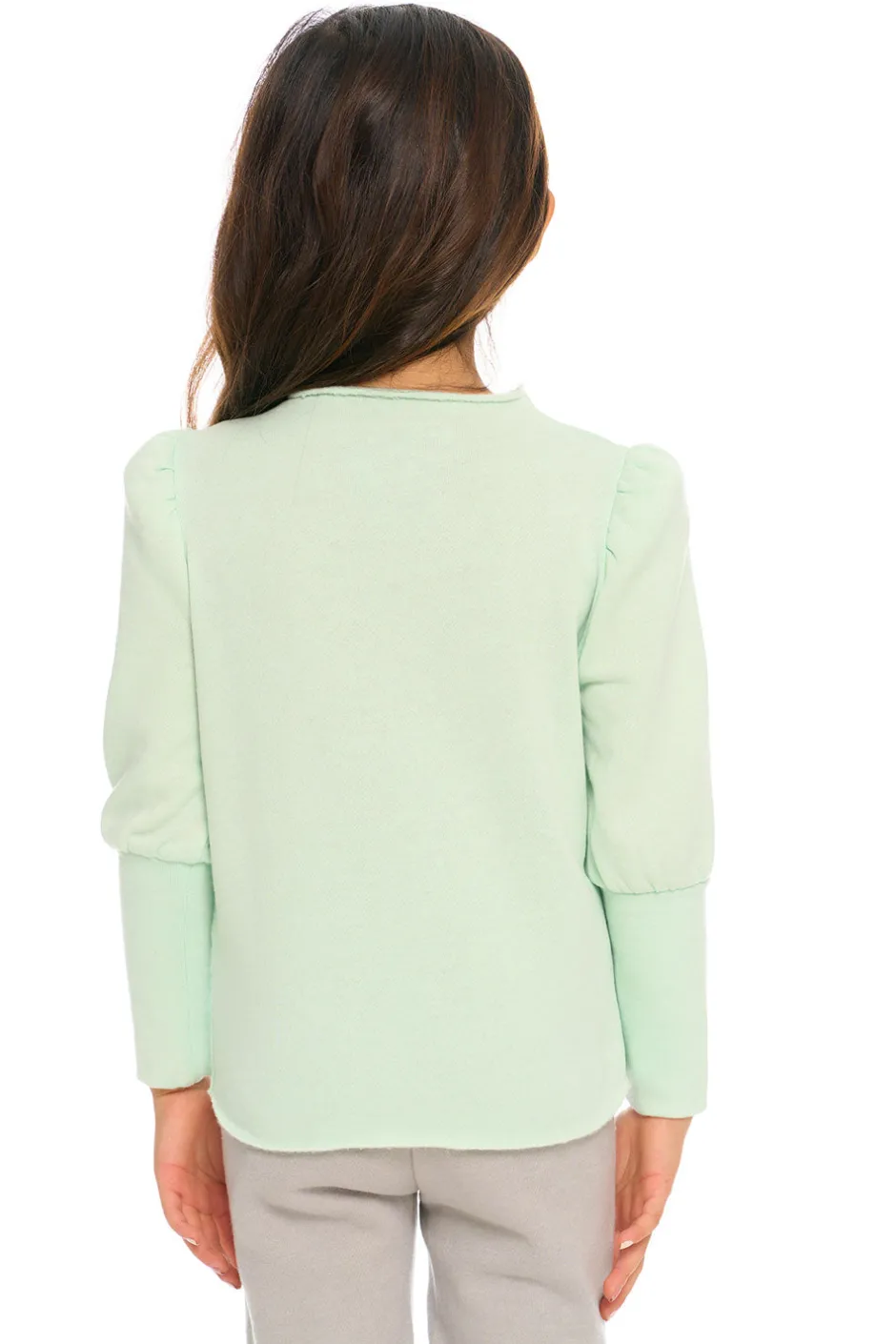 Kids Chaser Brand Semi Cropped Hi Lo Mock Neck Puff Sleeve Pullover