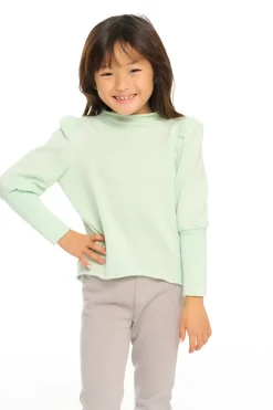 Kids Chaser Brand Semi Cropped Hi Lo Mock Neck Puff Sleeve Pullover