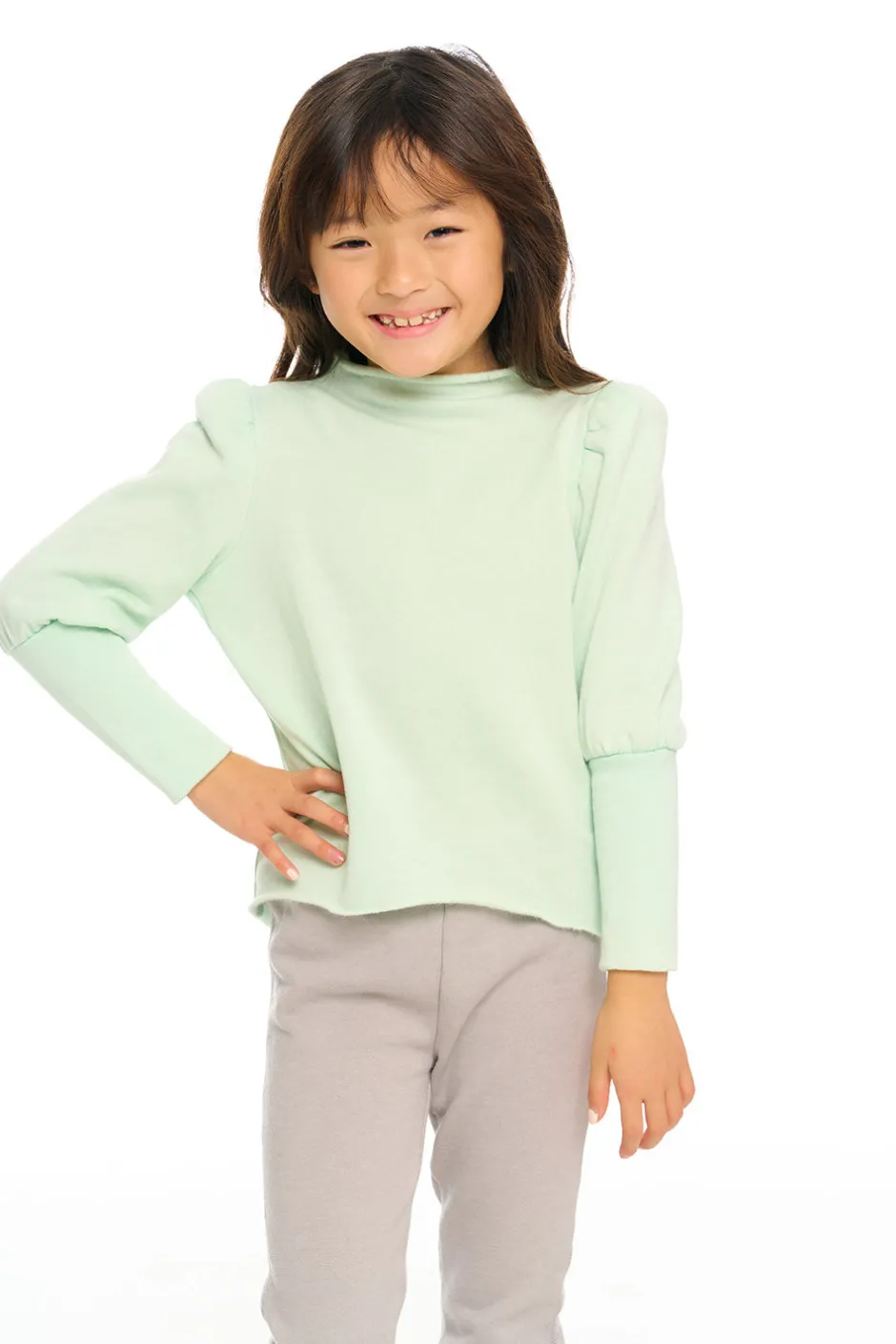 Kids Chaser Brand Semi Cropped Hi Lo Mock Neck Puff Sleeve Pullover