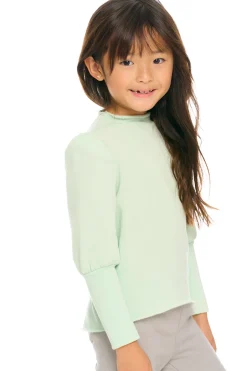 Kids Chaser Brand Semi Cropped Hi Lo Mock Neck Puff Sleeve Pullover